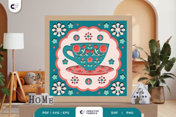 Cup of Tea Folk Art 3D Light Box SVG