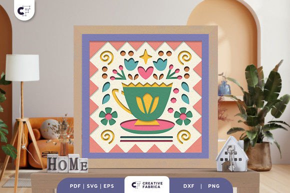Teacup Folk Art 3D Shadow Box SVG